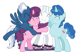 Size: 2000x1343 | Tagged: dead source, safe, artist:vaniaeditors, double diamond, night glider, party favor, sugar belle, earth pony, pegasus, pony, unicorn, the cutie map, clothes, cute, double dawwmond, equal four, eyes closed, favorbetes, female, glideabetes, group hug, male, mare, scarf, simple background, skis, smiling, stallion, sugarbetes, transparent background, vector