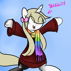 Size: 900x900 | Tagged: safe, artist:fullmetalpikmin, oc, oc only, oc:cherry blossom, clothes, congenital amputee, prosthetic limb, prosthetics, scarf, smiling, solo, sweater