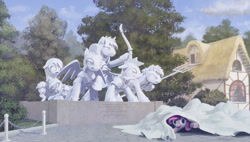 Size: 1684x959 | Tagged: safe, artist:cannibalus, night guard, royal guard, solo, statue