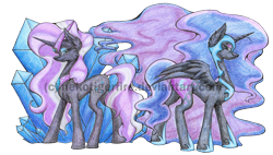 Size: 3190x1813 | Tagged: safe, artist:nekotigerfire, nightmare moon, nightmare rarity, alicorn, pony, unicorn, duality, female, mare, self ponidox, simple background, traditional art, transparent background, watermark