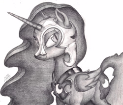 Size: 3496x2992 | Tagged: safe, artist:graboiidz, nightmare moon, monochrome, solo, traditional art