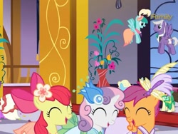 Size: 471x354 | Tagged: safe, screencap, apple bloom, eclair créme, fine line, maxie, north star, scootaloo, silver script, spring melody, sprinkle medley, sweetie belle, make new friends but keep discord, cutie mark crusaders, this will end in tears and/or death and/or covered in tree sap