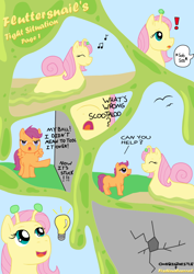 Size: 744x1052 | Tagged: safe, artist:fishinabarrrel, artist:onebigthistle, scootaloo, comic, dialogue, fluttersnail, not salmon, wat