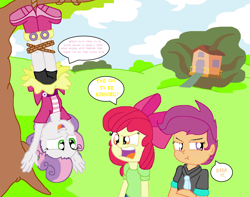 Size: 3784x2976 | Tagged: safe, artist:tagman007, apple bloom, scootaloo, sweetie belle, equestria girls, clothes, cutie mark crusaders, denied, edits in comments, hanging, hung upside down, shorts, skirt, skirt flip, snare trap, stupidity, sweetiedumb, upside down