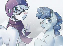 Size: 1280x931 | Tagged: safe, artist:whitepone, double diamond, party favor, the cutie map, clothes, helmet, scarf, snow, snowfall