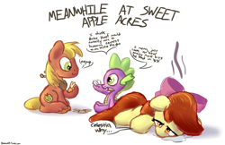 Size: 1000x647 | Tagged: safe, artist:bobdude0, apple bloom, big macintosh, spike, dragon, earth pony, pony, the cutie map, baseball, bored, dialogue, drool, hoofball, male, simple background, speech bubble, stallion, white background