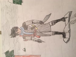 Size: 3264x2448 | Tagged: artist needed, safe, oc, oc only, oc:dark wind, human, assassin, clothes, crossbow, hidden blade, humanized, humanized oc, scarf, snow, sword, traditional art, trenchcoat, weapon