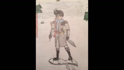 Size: 1334x750 | Tagged: safe, oc, oc only, oc:dark wind, human, clothes, crossbow, hidden blade, humanized, humanized oc, scarf, snow, sword, traditional art, trenchcoat, weapon, winter