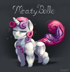 Size: 1200x1231 | Tagged: safe, artist:noben, sweetie belle, pony, unicorn, buff, chest hair, female, fetish, filly, meaty belle, muscle fetish, muscles, solo, stubble, sweetie barbell, wat