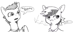 Size: 589x259 | Tagged: safe, artist:hipster-ponies, oc, oc only, black and white, cigarette, clothes, grayscale, monochrome, necktie, simple background, smoking, traditional art