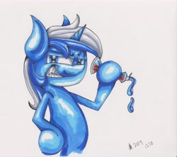 Size: 2328x2064 | Tagged: safe, artist:neoncel, minuette, pony, unicorn, blue coat, female, horn, mare, toothpaste, two toned mane