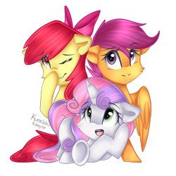 Size: 1080x1080 | Tagged: safe, artist:kurochhi, apple bloom, scootaloo, sweetie belle, cutie mark crusaders, simple background, transparent background, underhoof