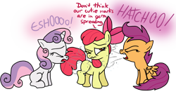 Size: 1024x548 | Tagged: safe, artist:anyponedrawn, apple bloom, scootaloo, sweetie belle, cutie mark, cutie mark crusaders, filly, group, sneeze cloud, sneezing, spray