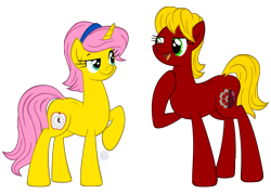 Size: 3500x2500 | Tagged: safe, artist:template93, oc, oc only, oc:arkansas black, oc:golden blush, earth pony, pony, unicorn, apple, commission, duo, simple background, sisters, transparent background