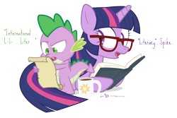 Size: 900x600 | Tagged: safe, artist:dm29, spike, twilight sparkle, twilight sparkle (alicorn), alicorn, dragon, pony, book, coffee, coffee mug, duo, female, glasses, international literacy day, irony, literacy day, mare, mug, reading, scroll, simple background, transparent background, twilight's professional glasses