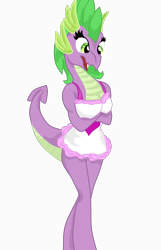 Size: 1221x1892 | Tagged: safe, artist:prokrastynatorka, barb, spike, anthro, apron, clothes, dress, naked apron, rule 63, solo