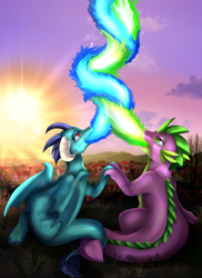 Size: 2550x3509 | Tagged: safe, artist:pridark, princess ember, spike, dragon, blue fire, commission, emberspike, female, fire, fire breath, fire spiral, green fire, male, older, older spike, open mouth, shipping, sitting, spiral, straight, sunset