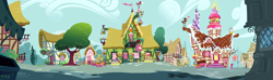 Size: 3640x1083 | Tagged: safe, building, concept art, flower shop, house, houses, leak, no pony, panorama, ponyville, sugarcube corner, tree