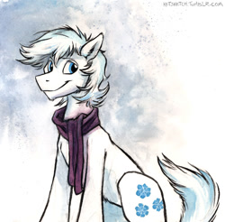 Size: 631x620 | Tagged: safe, artist:kenket, double diamond, the cutie map, clothes, male, messy mane, scarf, simple background, solo, traditional art