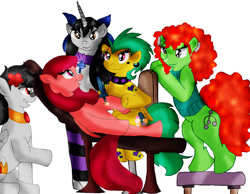 Size: 900x698 | Tagged: safe, artist:berrieblosym, oc, oc only, oc:dermai innks, oc:jessler crowntop, oc:lucky curse, oc:traga modiflow, oc:victoria von sass, alicorn, earth pony, pegasus, pony, unicorn, alicorn oc, choker, clothes, collar, cross, ear piercing, friends, piercing, seat, support, tattoo, tattoo artist