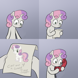 Size: 2000x2000 | Tagged: safe, sweetie belle, pony, unicorn, bipedal, blushing, exploitable meme, female, filly, gradient background, hoof hold, horn, implied selfcest, inception, letter, love, meme, note, paper, phone, self ponidox, selfcest, shipping, solo, sweetie's note meme, two toned hair, white coat