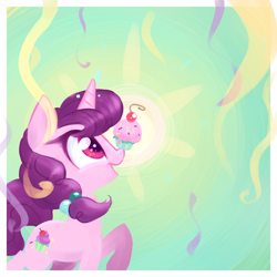 Size: 2000x2000 | Tagged: safe, artist:meekcheep, sugar belle, pony, unicorn, the cutie map, cupcake, cute, painting, ponies balancing stuff on their nose, solo, streamers, sugarbetes