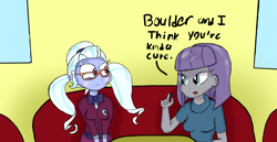 Size: 2668x1378 | Tagged: safe, artist:mildockart, boulder (pet), maud pie, sugarcoat, equestria girls, friendship games, blushing, implied lesbian, implied shipping, maudcoat, sugarmaud