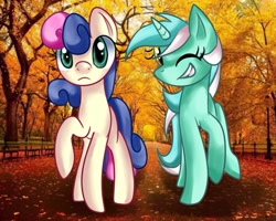 Size: 999x799 | Tagged: safe, artist:tamoqu, bon bon, lyra heartstrings, sweetie drops, earth pony, pony, unicorn, autumn, duo, grin, irl, leaves, one eye closed, park, photo, ponies in real life, smiling, wink