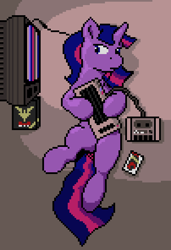 Size: 404x592 | Tagged: safe, artist:scalybeing, twilight sparkle, cassette tape, commodore 64, computer, elite, on back, pixel art, solo, television