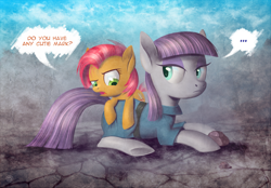 Size: 1864x1300 | Tagged: safe, artist:stasysolitude, babs seed, maud pie, earth pony, pony, ..., dialogue, duo, looking back, looking down, prone