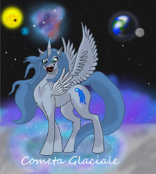 Size: 900x1000 | Tagged: safe, artist:silverfangwrathwolf1, oc, oc only, oc:cometa glaciale, alicorn, pony, alicorn oc, solo, space