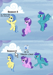 Size: 900x1264 | Tagged: safe, edit, edited screencap, screencap, clear skies, open skies, sunshower, season 5, tanks for the memories, background pony strikes again, caption, cloud, cloudy, flying, image macro, meme, op is a cuck, op is trying to start shit, reaction image