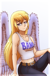 Size: 800x1203 | Tagged: safe, artist:inuhoshi-to-darkpen, cloud kicker, human, fanfic:the life and times of a winning pony, abs, bang, belly button, belt, clothes, humanized, jeans, midriff, solo, tanktop, winged humanization, winningverse