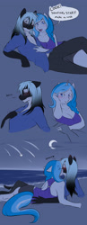 Size: 1500x3853 | Tagged: safe, artist:askbubblelee, oc, oc only, oc:bubble lee, oc:imago, oc:mako, anthro, hybrid, merpony, orca pony, original species, unguligrade anthro, anthro oc, beach, comic, cute, female, kissing, makolee, male, oc x oc, shipping, straight