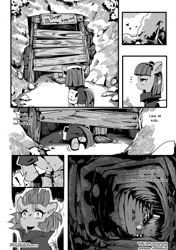 Size: 1040x1477 | Tagged: safe, artist:sung and ama, maud pie, comic:the friendship necklace, bag, clothes, comic, dialogue, ear fluff, falling, mine, monochrome, shadow, solo, translation, tree