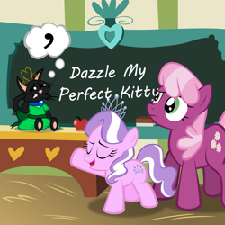 Size: 1635x1635 | Tagged: safe, artist:magerblutooth, cheerilee, diamond tiara, oc, oc:dazzle, cat, chalkboard, classroom, clothes, dress, school, show and tell