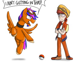 Size: 1280x1067 | Tagged: safe, artist:timsplosion, oc, oc only, oc:scribbsie, human, pegasus, pony, beanie, clothes, collar, dialogue, fingerless gloves, glasses, gloves, goatee, goggles, hat, pokéball, pokémon, pokémon trainer, simple background, transparent background, unshorn fetlocks