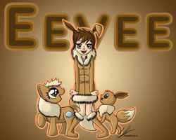 Size: 1024x819 | Tagged: safe, artist:monakaliza, human, eevee, humanized, pokémon, ponified, self ponidox