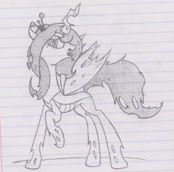 Size: 2992x2944 | Tagged: artist needed, safe, oc, oc only, oc:gray, changeling, changeling queen, changeling queen oc, changelingified, crown, female, lineart, lined paper, monochrome, raised hoof, solo, spread wings, tongue out, traditional art