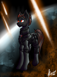 Size: 1200x1600 | Tagged: safe, artist:stirren, oc, oc only, armor, commission, mass effect, n7 armor, ponified, scar, shepard, solo