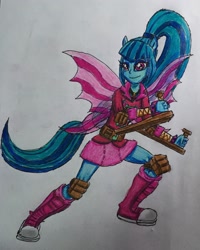 Size: 1838x2297 | Tagged: safe, artist:bozzerkazooers, sonata dusk, equestria girls, feminism, fin wings, ninja, ponied up, solo, tonfa, traditional art, weapon