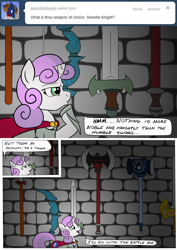 Size: 872x1235 | Tagged: safe, artist:ask-sweetie-knight, sweetie belle, axe, bow (weapon), hammer, solo, sword, tumblr, war hammer