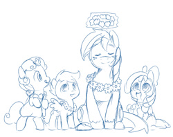 Size: 800x633 | Tagged: safe, artist:ende26, apple bloom, big macintosh, scootaloo, sweetie belle, pony, bipedal, cutie mark crusaders, eyes closed, floral head wreath, flower, levitation, magic, monochrome, sitting, sketch, smiling, telekinesis