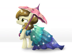 Size: 2000x1500 | Tagged: safe, artist:blackligerth, sweet biscuit, pony, unicorn, canterlot boutique, background pony, clothes, dress, female, mare, outfit catalog, princess dress, solo, sparkles, umbrella