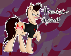 Size: 1023x807 | Tagged: safe, artist:foxpawstudio, get rekt, glasses, hashtag, looking at you, markiplier, ponified, raised hoof, rekt, solo, warfstache