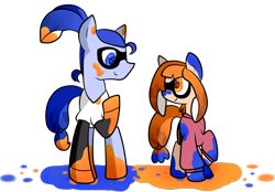 Size: 3328x2312 | Tagged: safe, artist:php54, earth pony, original species, blue (inkling), clothes, crossover, cute, duo, ink, inkling, orange (inkling), ponified, shirt, splatoon, squidpony, sweater, wingding eyes