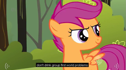 Size: 631x350 | Tagged: safe, screencap, scootaloo, first world problems, hub logo, meme, solo, youtube caption