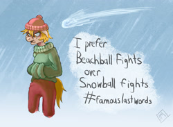 Size: 3216x2359 | Tagged: safe, artist:mysterimaan, oc, oc only, oc:beach ball, anthro, beach ball in winter, clothes, hashtag, snow, snowball, winter