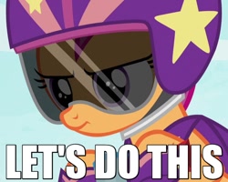 Size: 600x480 | Tagged: safe, edit, edited screencap, screencap, scootaloo, bloom and gloom, cape, caption, clothes, determined, dialogue, helmet, image macro, let's do this, meme, reaction image, shoes, solo, stars, visor