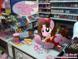 Size: 1024x768 | Tagged: safe, artist:shinta-girl, oc, oc only, oc:shinta pony, andatti, clerk, dora the explorer, irl, latin american, meme, mexico, otzo, oxxo, photo, ponies in real life, solo, spanish, tictac, translated in the comments